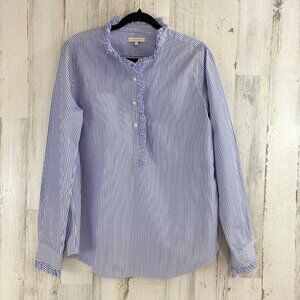 Ann Mashburn Shirt Sz L Frill Shirt Popover Button Down Blue White Stripe